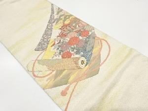 アンティーク　綴れ　巻物に屋敷風景・菊模様織り出し袋帯（材料）